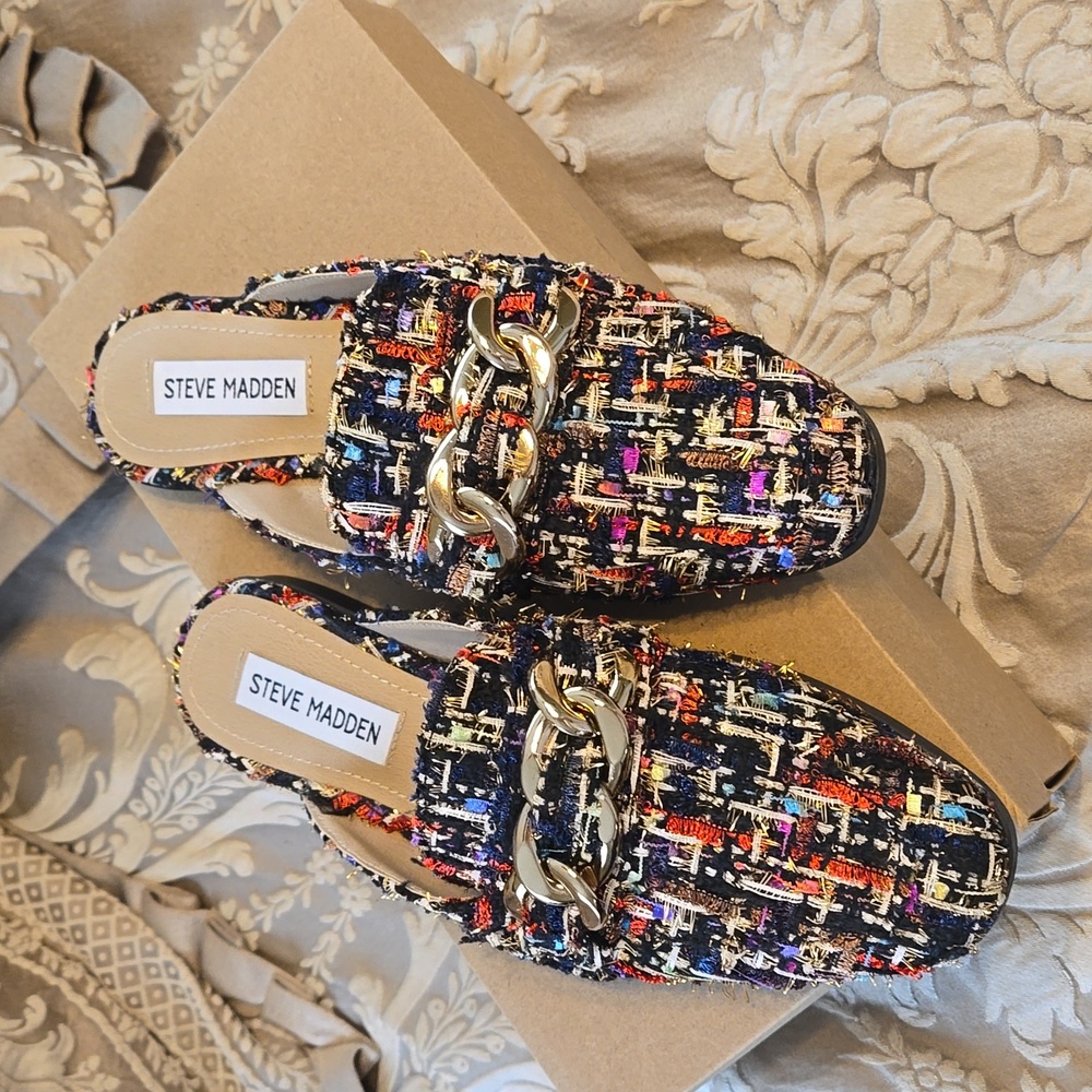 Steve Madden Cassady Loafer Mule Multicolor Tweed Size 6, NIB